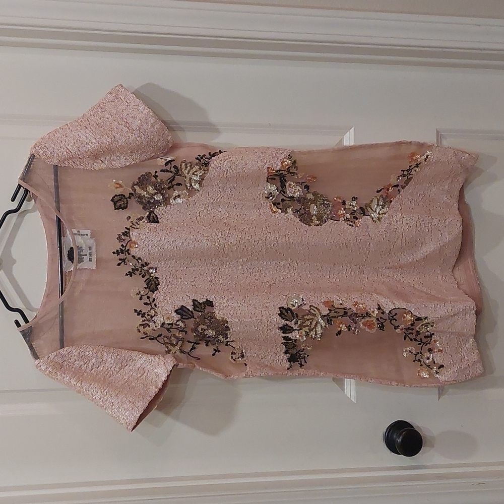 Anthropologie Let Me Be Silk Sequin Floral Cutout Tee Midi Dress